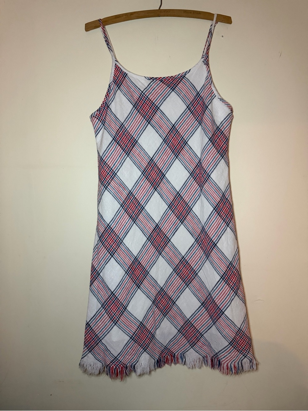 Natural Reflections White Slip Dress with Pink & Blue Plaid